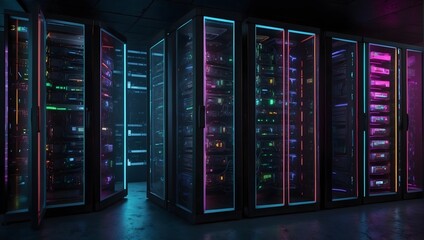 High-Tech Server Racks Operating in a Mysterious Dark Room, Enhanced with Colorful VFX Effects Generative AI