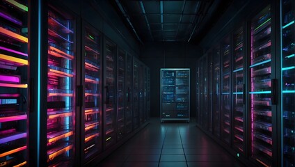 Fototapeta premium High-Tech Server Racks Operating in a Mysterious Dark Room, Enhanced with Colorful VFX Effects Generative AI