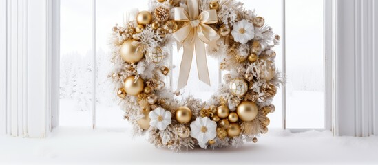 A handmade Christmas wreath made of natural materials sits elegantly in front of a window, serving as a creative and festive ornament in the room