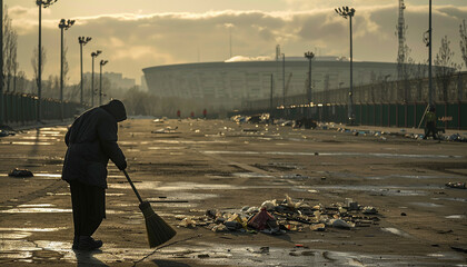 Man sweeping in a stadium parking lot during the olympic games, afternoon