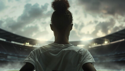 Back of an athlete at sunrise, woman silhouette, soccer