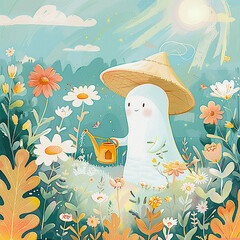 Friendly ghost cartoon character tending the flowers in the garden vector art 