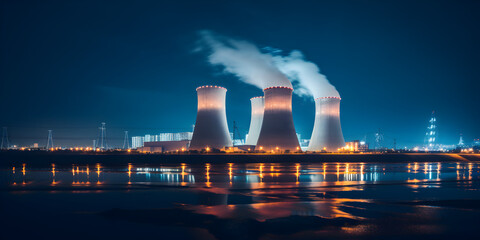  Night picture of nuclear power plant with lit nuclear reactor, Panoramic view of a nuclear power plant, Three huge pipes with smoke from nuclear reactor at power plant
