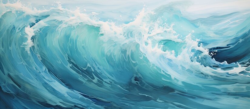A mesmerizing painting capturing the power of a large wind wave in the ocean, with freezing liquid water and electric blue sky in the background