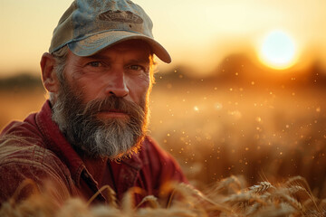 Farmer's day.  Sunset casts a golden glow over a wheat field, symbolizing the end of a day's work and the timeless cycle of growth and harvest.