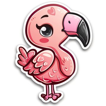 Adorable cute pink flamingo sticker in cartoon vector style illustration