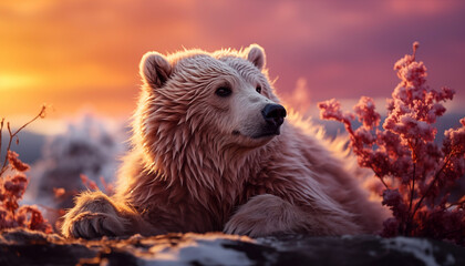 Beautiful bear at sunset wallpaper image background created with a generative ai technology - 768370399