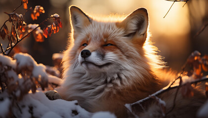 cute Baby fox at sunset wallpaper image background created with a generative ai technology - 768370508
