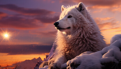 Wolf at sunset wallpaper image background created with a generative ai technology - 768370518