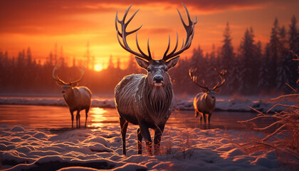 Deer at sunset wallpaper image background created with a generative ai technology 
