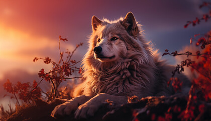 Wolf at sunset wallpaper image background created with a generative ai technology - 768370563