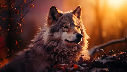 Wolf at sunset wallpaper image background created with a generative ai technology