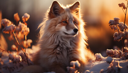 cute Baby fox at sunset wallpaper image background created with a generative ai technology - 768370575
