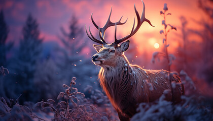 Deer at sunset wallpaper image background created with a generative ai technology  - 768370594