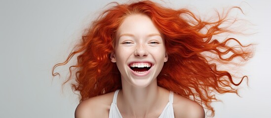 A woman with striking red hair, wearing a white tank top, is captured laughing joyfully in a candid moment