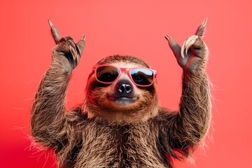 Fototapeta premium A sloth wearing sunglasses and holding up its arms with its hands in the air