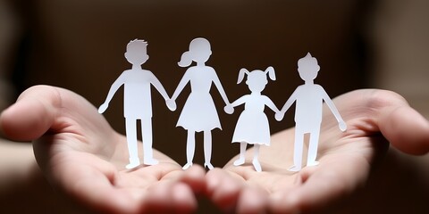 Fototapeta na wymiar A hand holding a paper family with a girl in a dress
