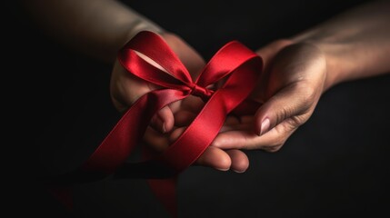 Hand holding Red Ribbon for supporting people living and illness. Healthcare and safe sex concept. - obrazy, fototapety, plakaty