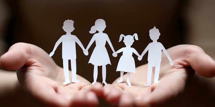 A hand holding a paper family with a girl in a dress