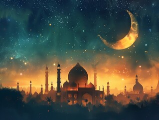 A beautiful painting of a city with a large moon in the sky