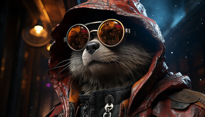 Cyberpunk Cat with glasses in cyberpunk city at night created with a  Generative AI technology