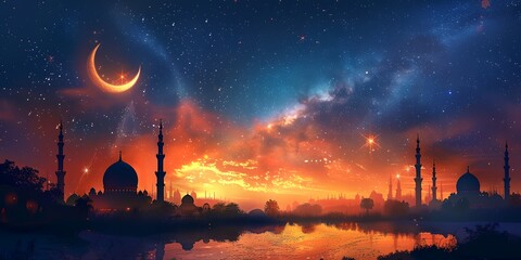 A beautiful painting of a city with a large crescent moon in the sky - obrazy, fototapety, plakaty