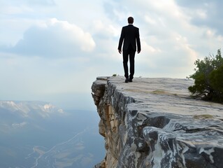 A man in a suit is walking on a cliff overlooking a valley