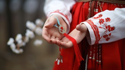Woman making handmade traditional martisor, from red and white strings with tassel. - obrazy, fototapety, plakaty