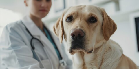 A woman in a white lab coat is examining a dog
