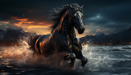Beautiful horse running wallpaper image background created with a generative ai technology - 768371180