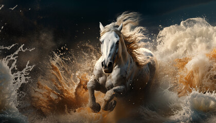 Beautiful horse running wallpaper image background created with a generative ai technology - 768371184