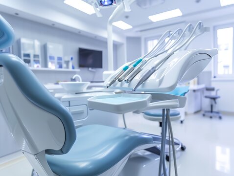 A dental office with a blue chair and a white chair