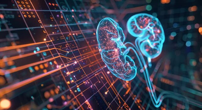Kidneys represented as organic data processors, filtering streams of binary code