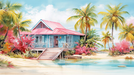 Maison au toit rose sur la plage