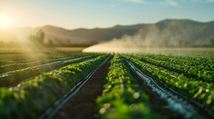 An image of a solarpowered irrigation system with water spraying onto rows of crops in a field. . AI generation. - obrazy, fototapety, plakaty