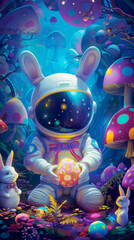 A cartoon of a rabbit in a space suit holding an egg.