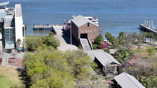 Fort sumter visitor center charleston south carolina.  Aerial shot spring 2024.