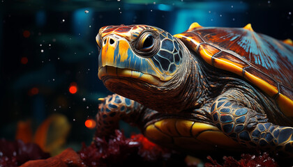 Beautiful colorful turtle underwater wallpaper image background created with a generative ai technology - 768371520