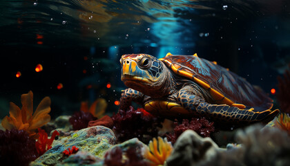 Beautiful colorful turtle underwater wallpaper image background created with a generative ai technology - 768371527