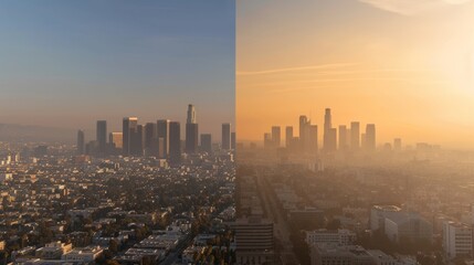 A beforeandafter comparison of a city skyline with the first image showing smog and pollution and the second image showing clear skies . AI generation.