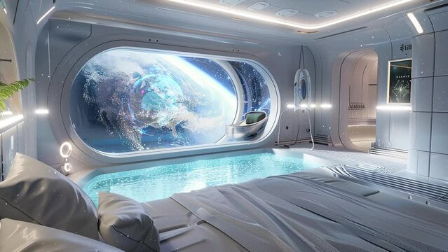 cosmic hideaway unwind in a space station suite. seamless looping overlay 4k virtual video animation background