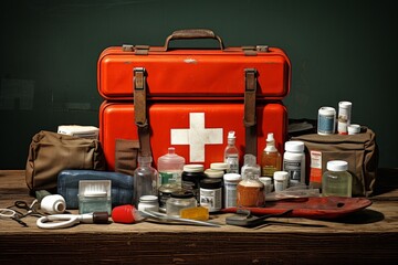 First Aid Essentials Organized on a Distressed Wood Table with a Rugged Industrial Machinery Background