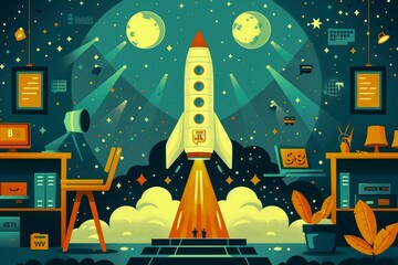 Colorful Vintage Cartoon Rocket Launching into Space from a Cozy Home Office Illustration
