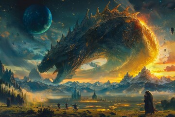 Majestic Dragon Soaring Over Mystical Landscape With Distant Planets and Heroic Figure Observing - obrazy, fototapety, plakaty