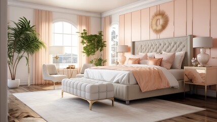 A lavish Hollywood Regency master bedroom with opulent textiles, bold hues, and mirrored accents, offering a glamorous and timeless sanctuary - obrazy, fototapety, plakaty