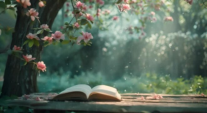 Open book on garden bench, breezy afternoon, petals falling