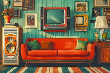 Vintage Style Living Room Interior with Retro Sofa, Colorful Wallpaper, and Old Television Set