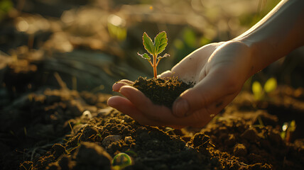 Hand Holding Seedling in Fertile Soil at Sunset
. Close-up of a young plant cradled in the palms of dirty hands against a blurred background with sunset light.
 - obrazy, fototapety, plakaty