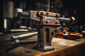 Fototapeta premium The Intricate Details of a Sturdy Metal Clamp Captured in a Traditional Industrial Setting