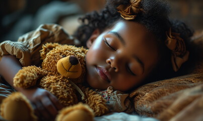 Young child peacefully sleeping, embracing a teddy bear, embodying a moment of innocence and serenity. - obrazy, fototapety, plakaty